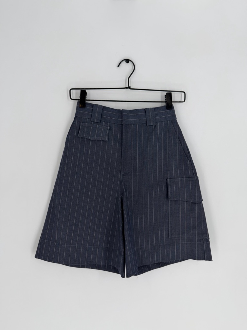 Ganni Stretch High Waisted Cargo Suit Pin Striped Shorts In Blue